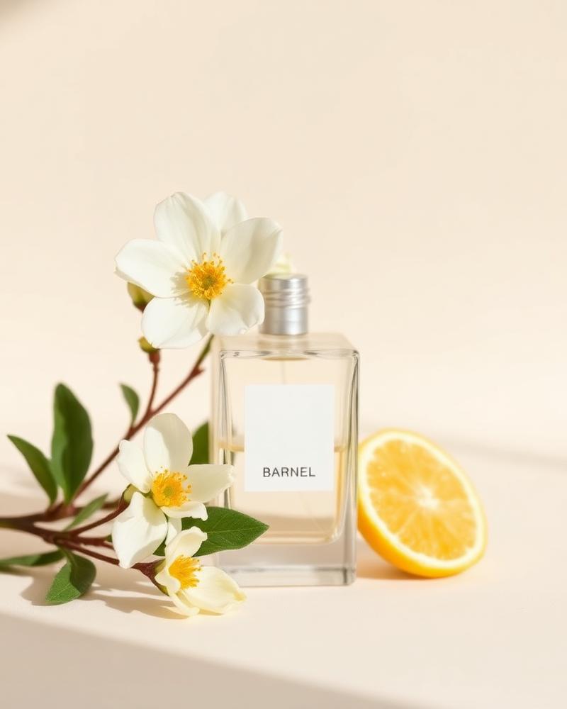 Frasco de perfume com flores brancas e cítricos